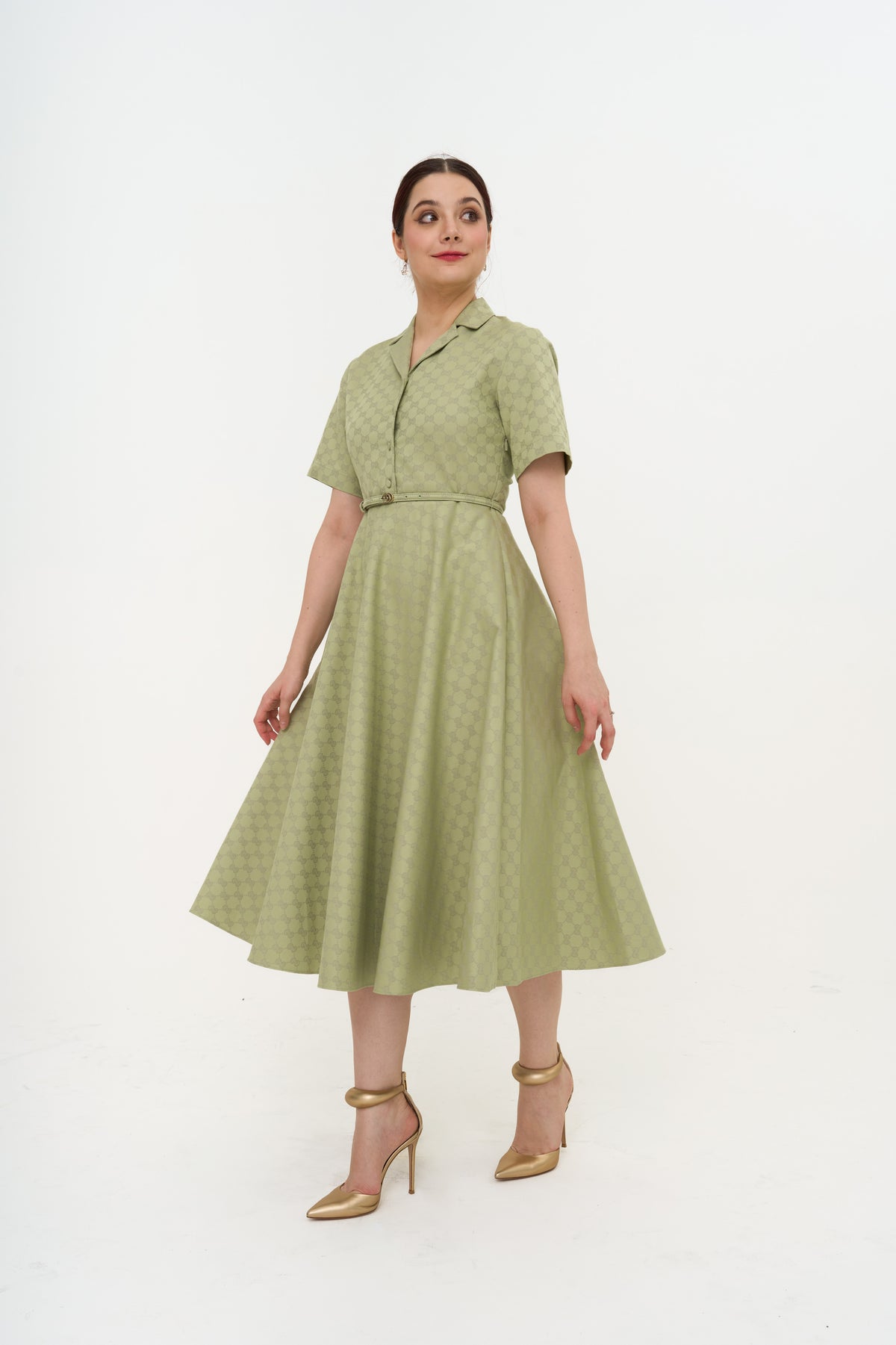 GUCCI GG Monogram Belted Gabardine-Jaquard Midi Dress