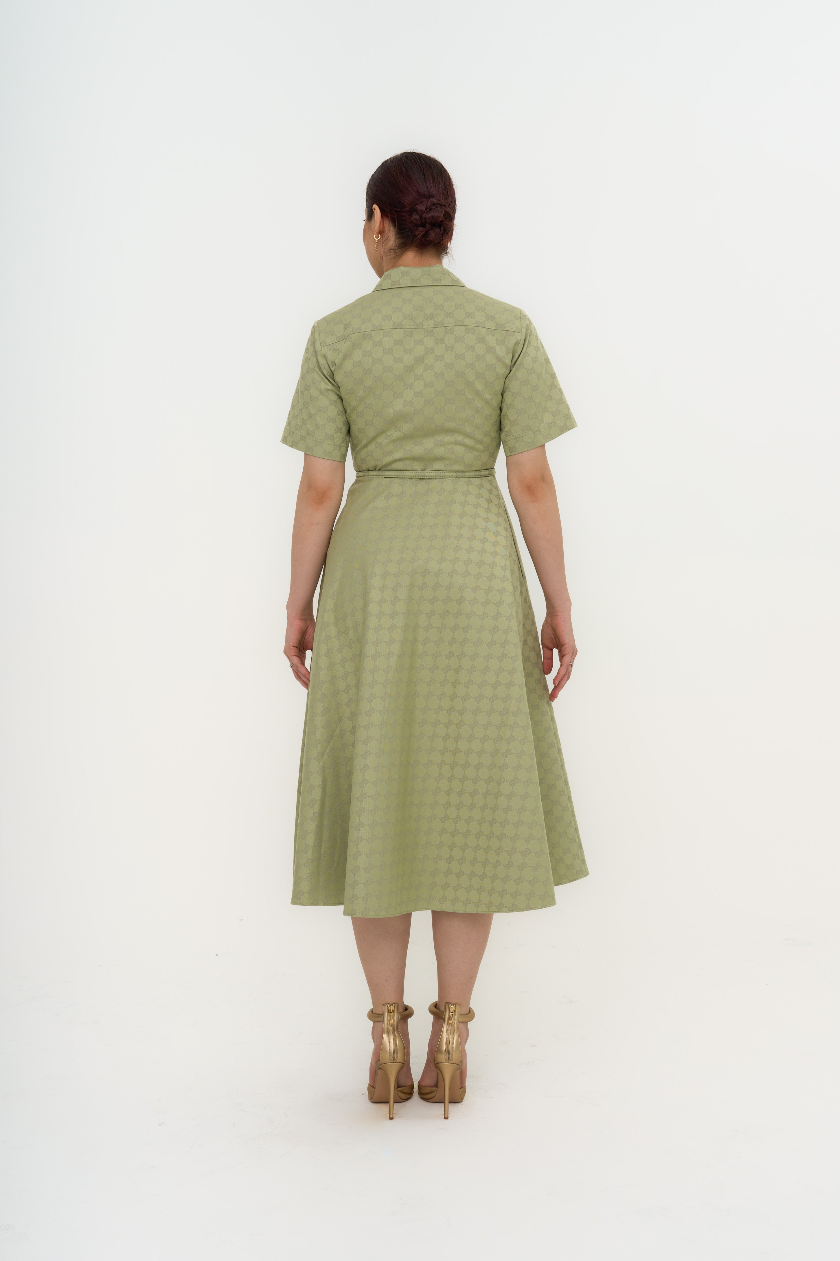 GUCCI GG Monogram Belted Gabardine-Jaquard Midi Dress