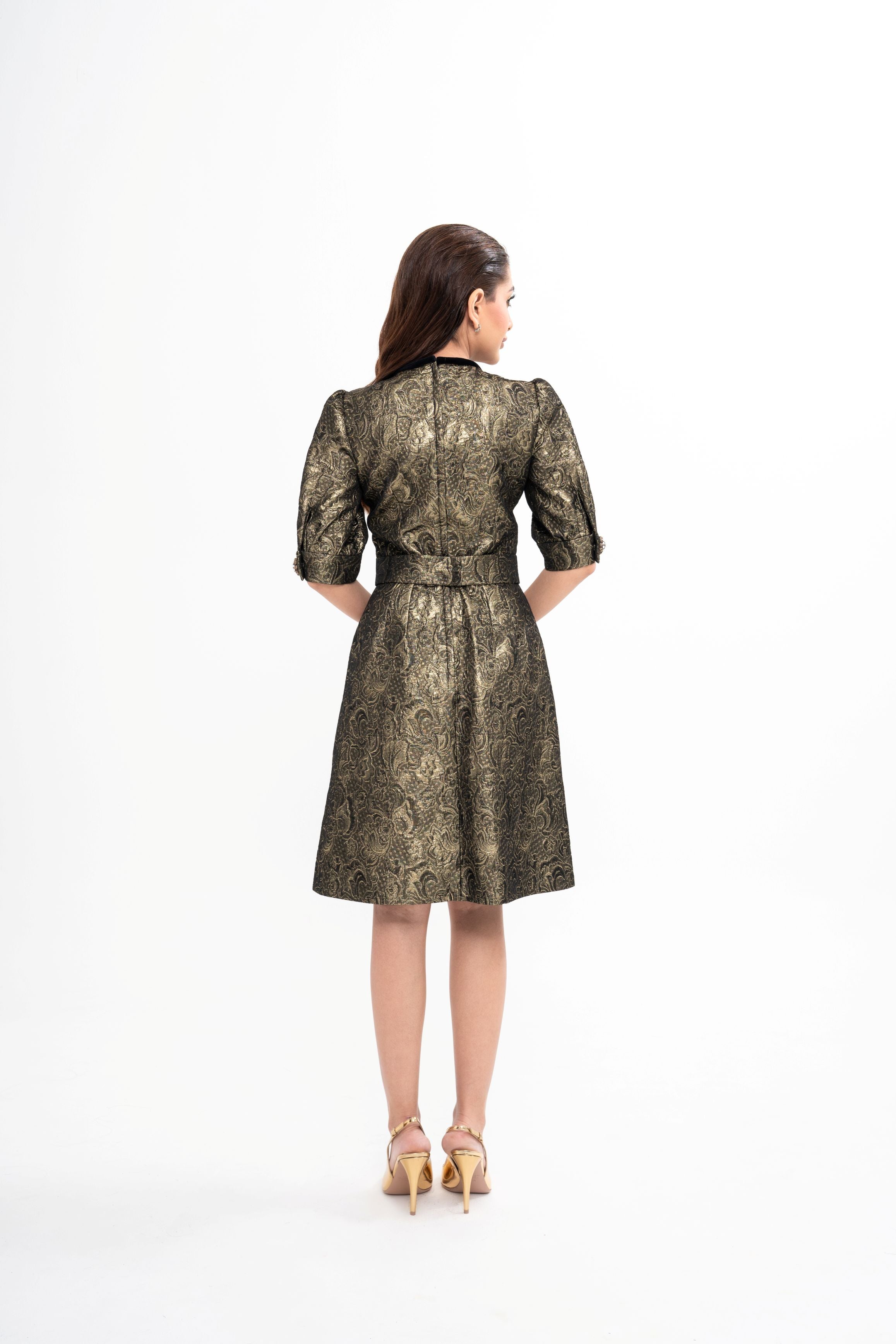 DOLCE & GABBANA Button-embellished metallic brocade mini dress (IT36)