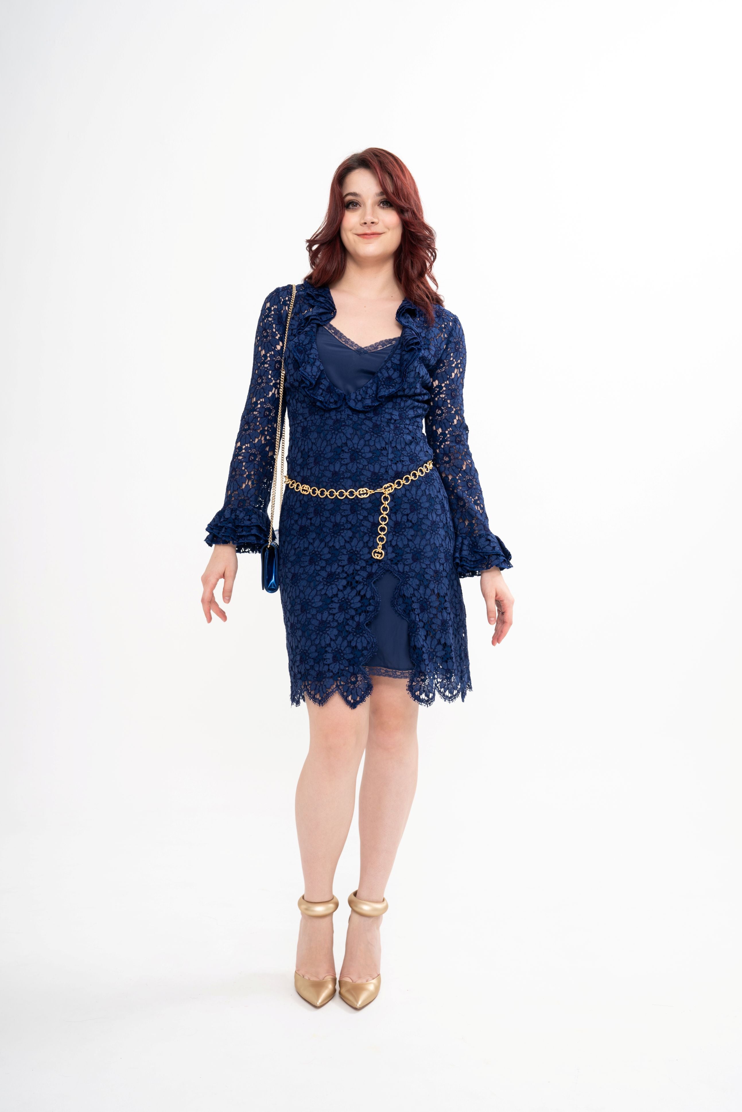 Gucci corded lace dress for rental, featuring a detachable logo monogram belt with GG hardware, photographed in Sri Hartamas, Malaysia.