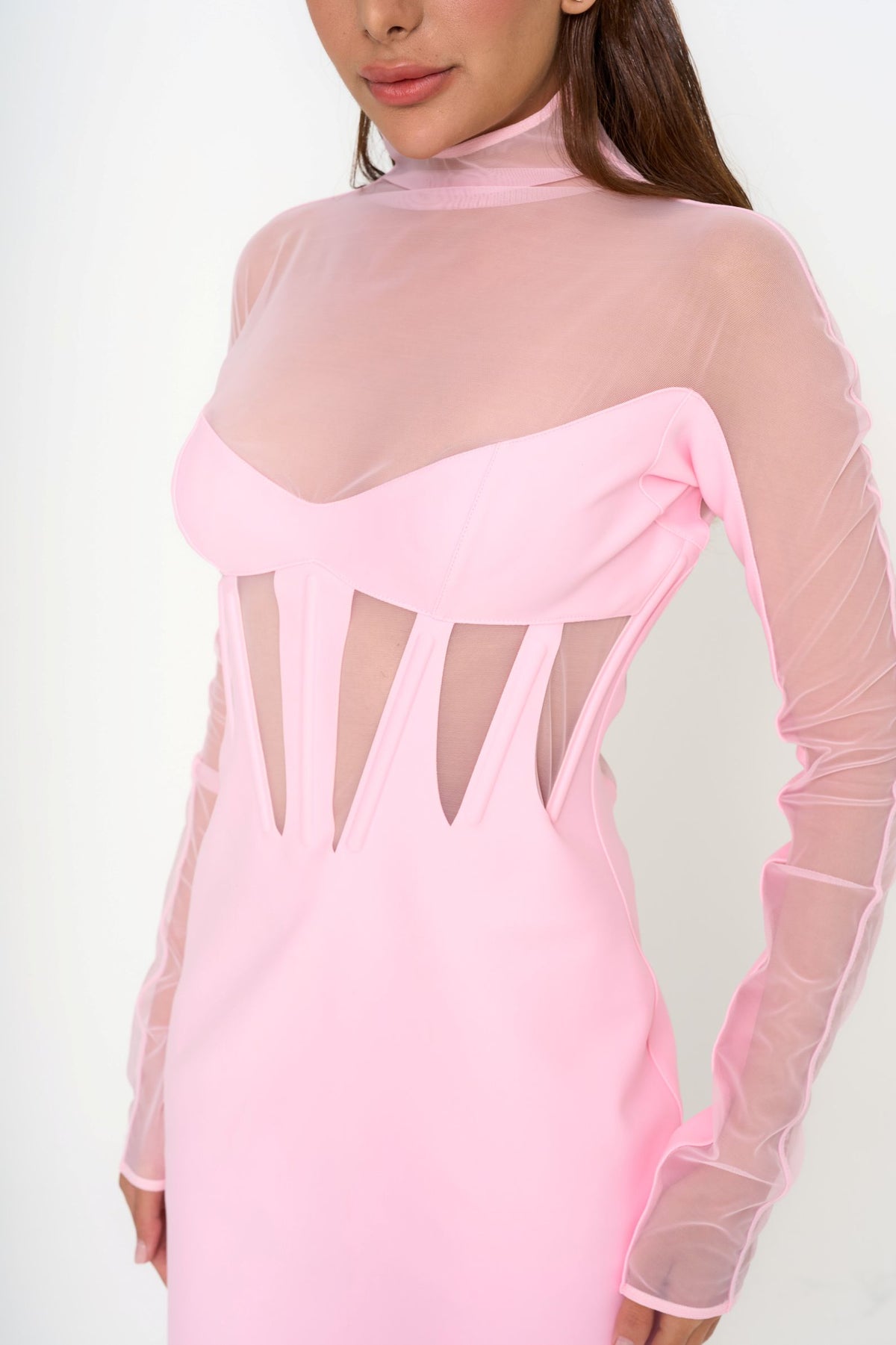 Close-up of the dress bodice, showing the architectural boned detailing and the translucent effect of the tulle panels.