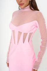 Close-up of the dress bodice, showing the architectural boned detailing and the translucent effect of the tulle panels.