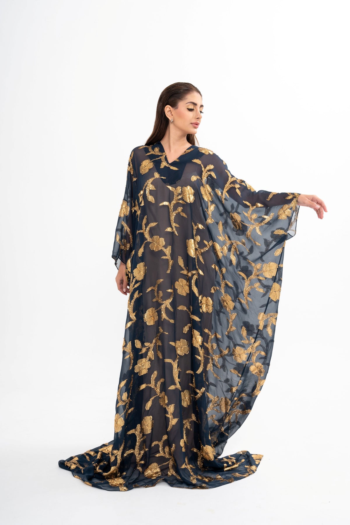 Oscar de la Renta black silk gown for rental, featuring gold floral metallic fil coupé embroidery, available with doorstep delivery across Malaysia.