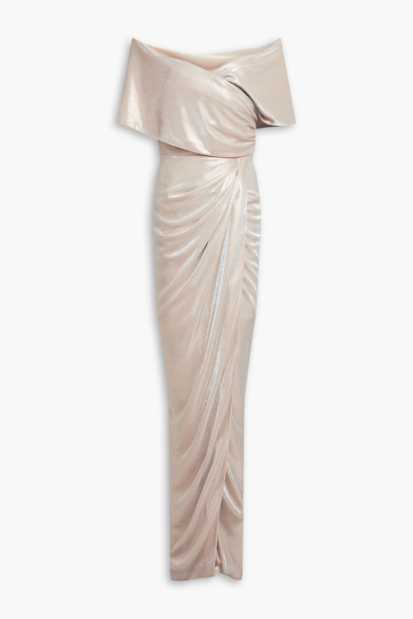 RHEA COSTA - RENT metallic jersey offshoulder gown