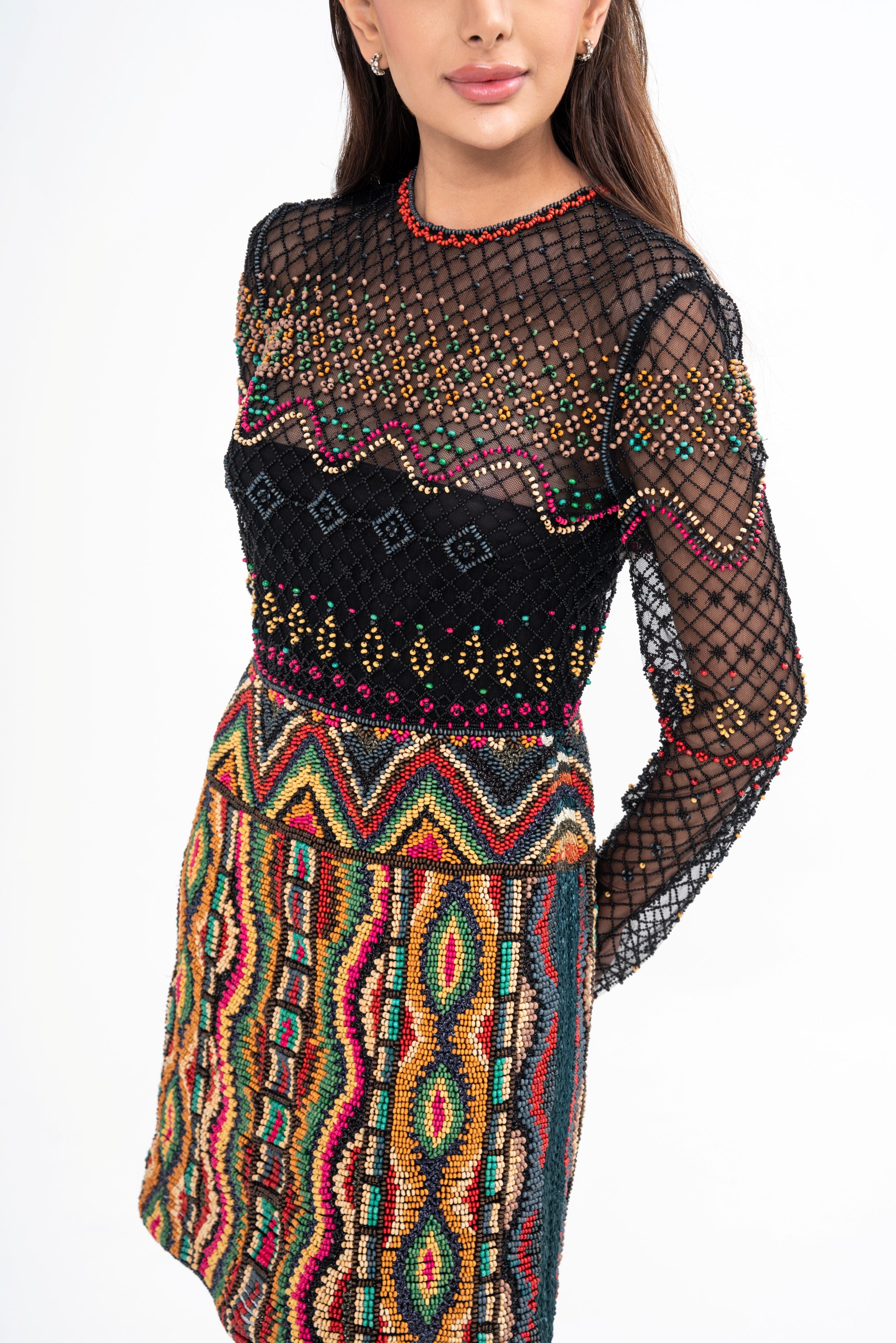 Close-up detail of the dress, highlighting the intricate beadwork, metallic trim, and ethnic-inspired embroidery on the semi-sheer fabric.