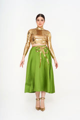 Valentino Garavani mid-length skirt in silk-blend duchesse satin with shimmering emerald sequin ribbon embellishments, available for rent in Sri Hartamas, Malaysia.