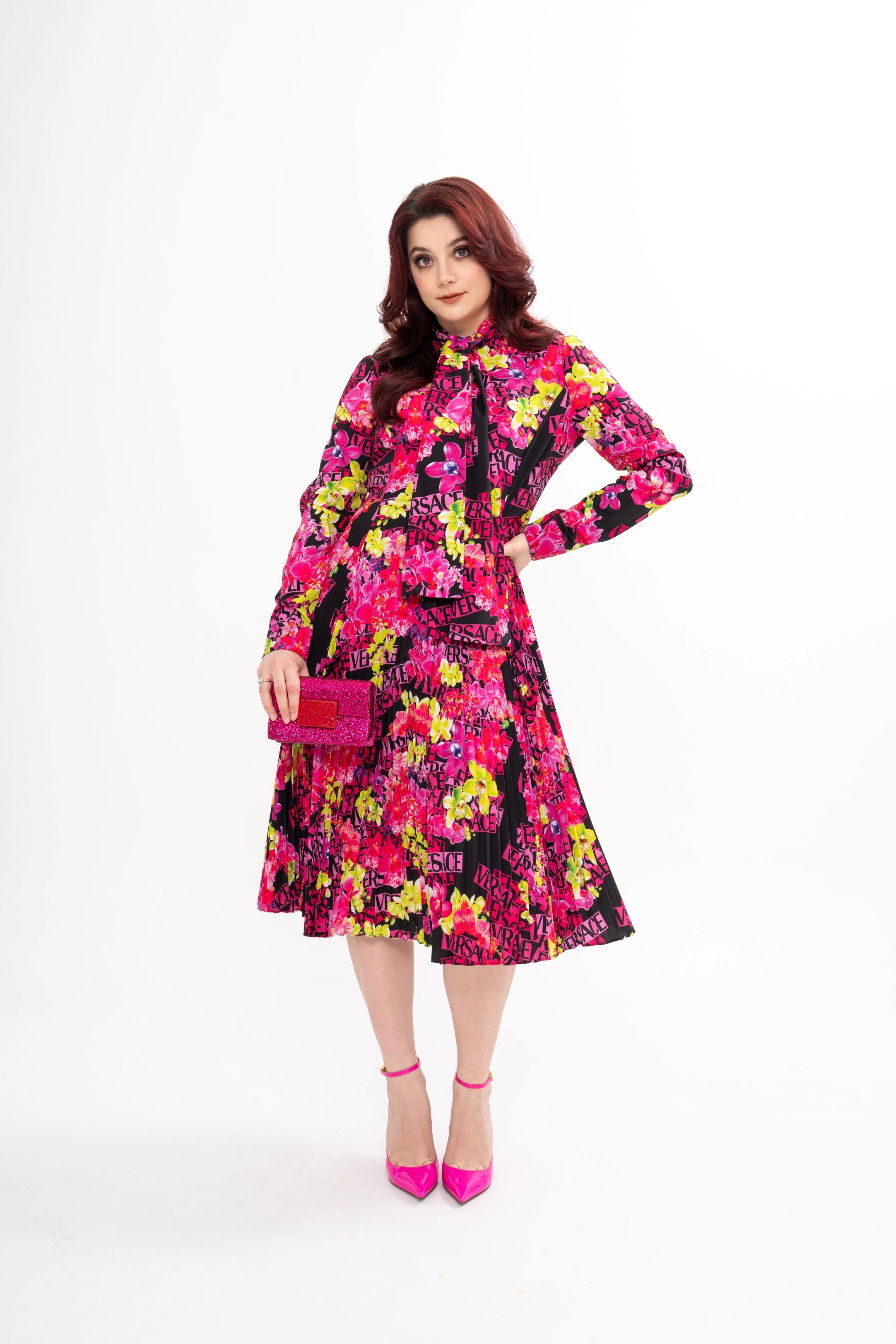 Versace Pleated printed crepe midi dress (IT44)